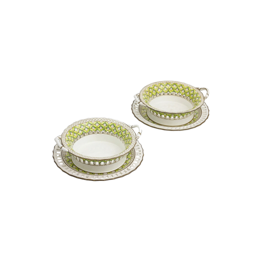 Pair of Porcelain Chestnut Baskets and Under-Plates by Spode in Pattern 3037