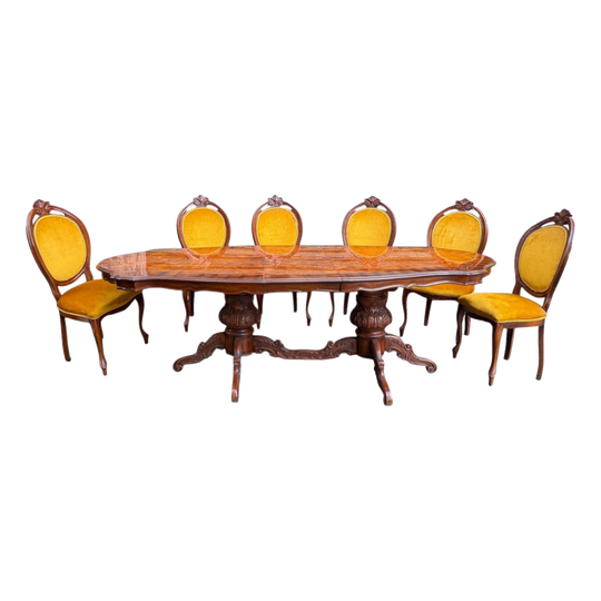 Baroque-style walnut extendable dining table & 6 chairs set