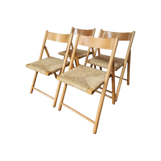 Set of 4 Midcentury Rush Seat Folding Chairs
