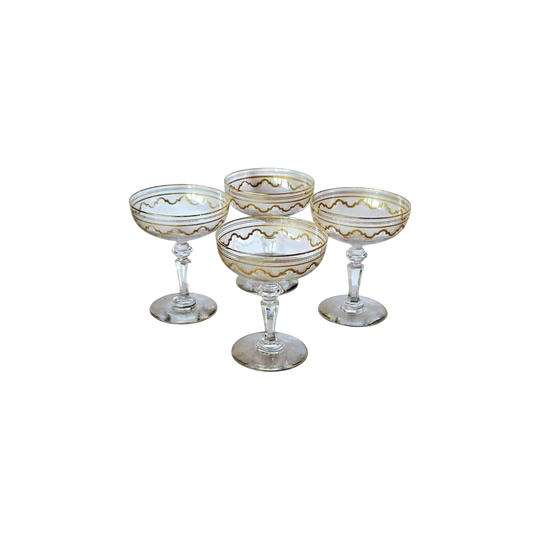 Antique St Louis Crystal Champagne Coupes Beethoven Pattern, 24K gild (Set of 4)