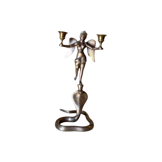 Vintage Indian Brass Cobra & Winged Figure Twin Arm Candlestand