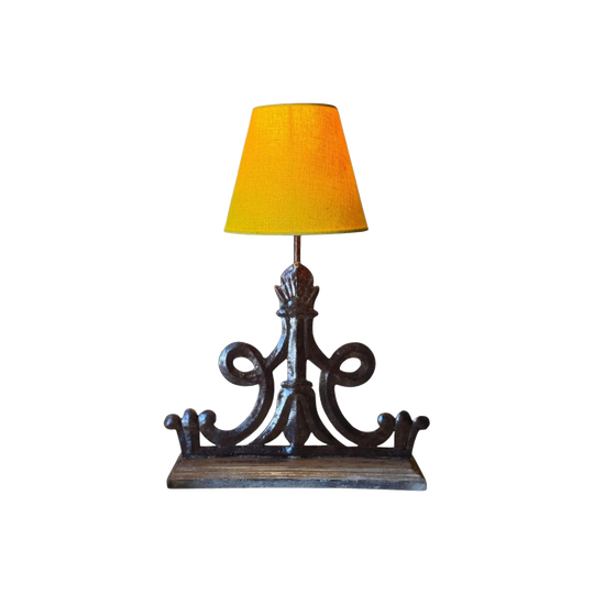 Vintage Cast Metal Scrollwork Table Lamp with Painted Linen Shade