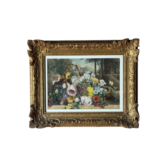 Antique 19th Century Hand-coloured Floral Print in Ornate Gilt Frame