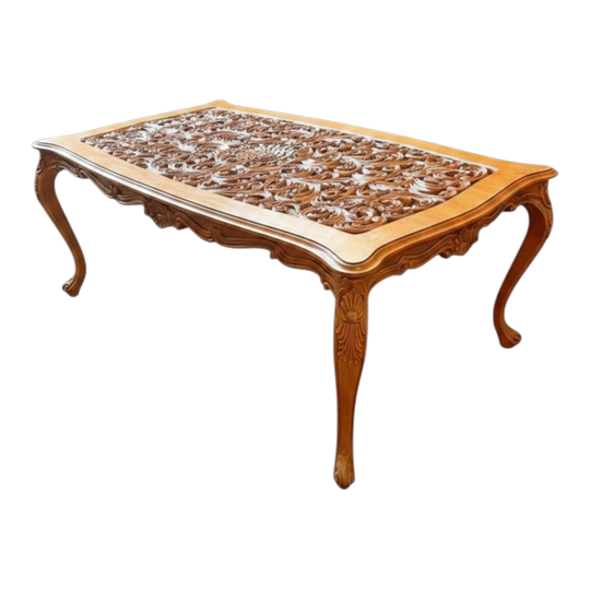 Vintage solid Teak one piece hand carved dining table
