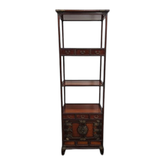 Antique Chinese Elm Shelf Stand with Bronze Handles
