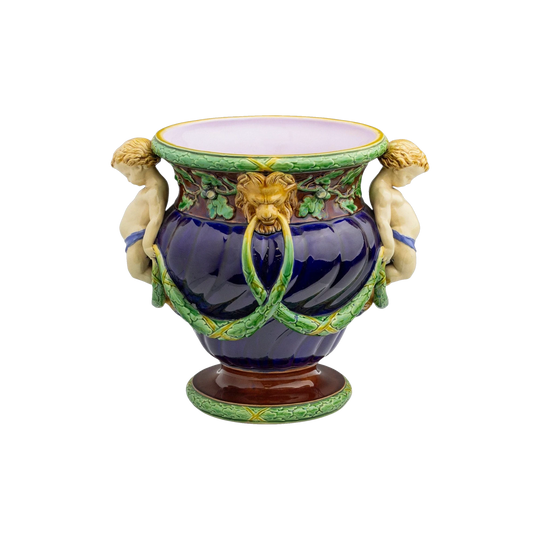 Antique Majolica Jardiniere or Vase by Minton with Fauns and Acorns