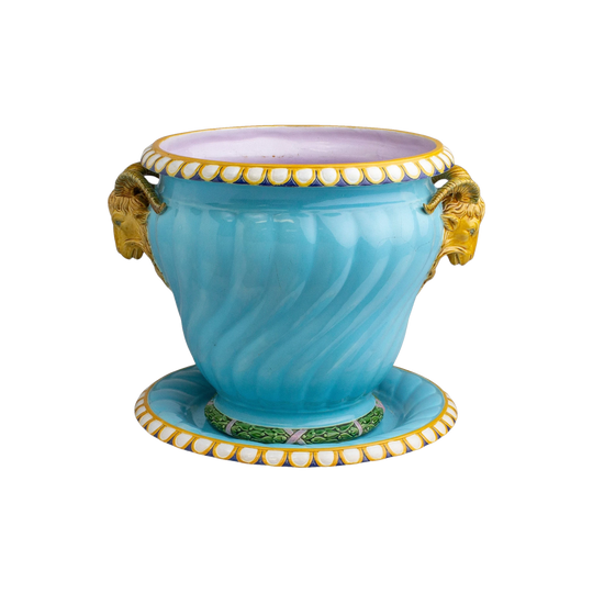 Antique Majolica Jardiniere by Minton with Ram's Head Handles
