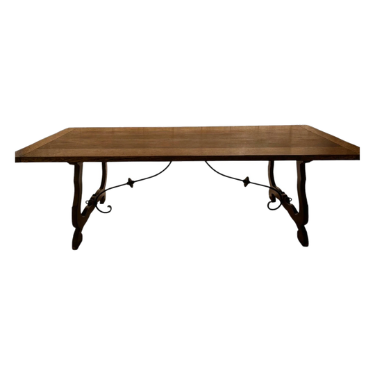 Antique French Solid Oak Provincial Dining Table with Cast Iron Support