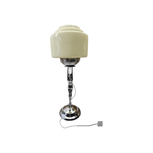 Art Deco "DIANE" Lamp, Chrome base w/ large cream stepped glass shade c1930s