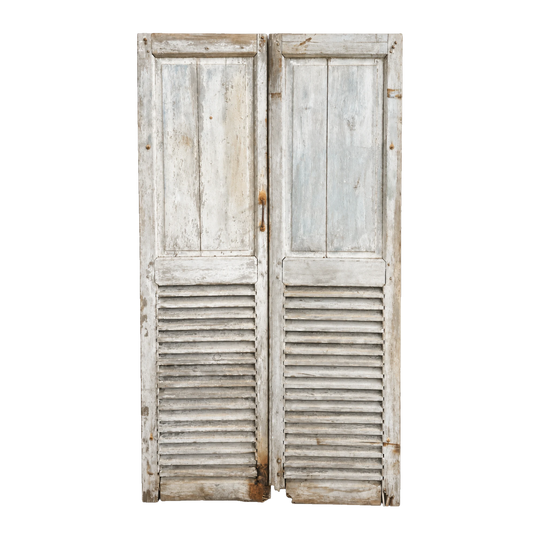 Vintage French weathered grey timber shutters with original hardware from Provence
