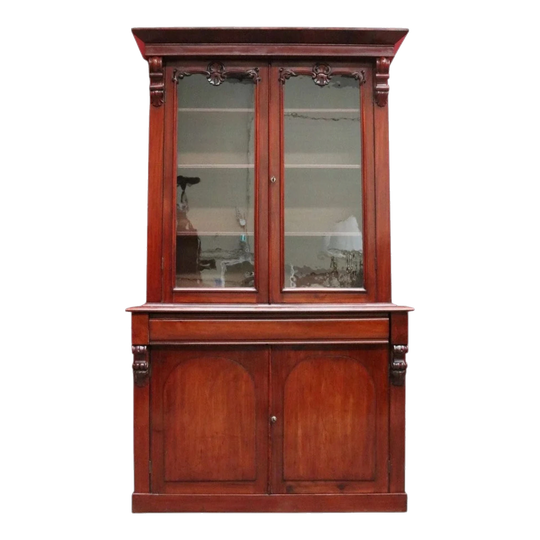 Antique English Mahogany Two Door Bookcase Cabinet with Original Glass. B13069