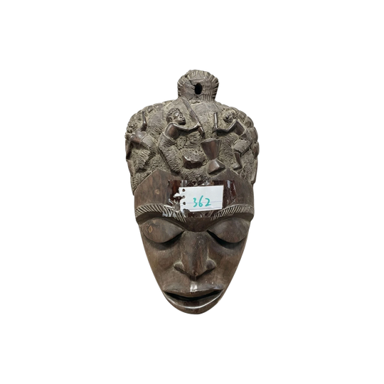 362: Vintage Hand Carved African Wood Mask – Village Scene Wall Art