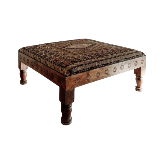Afghan Textile Ottoman with Carved Teak Frame