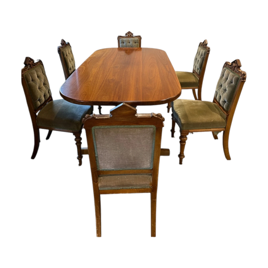 Elegant reproduction dining table with 6 tufted-velvet chairs