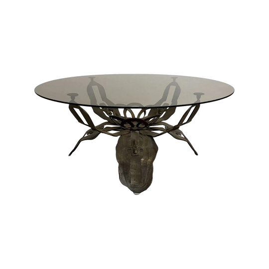 Mid Century Iron And Smokey Glass Round Brutalist Coffee Table