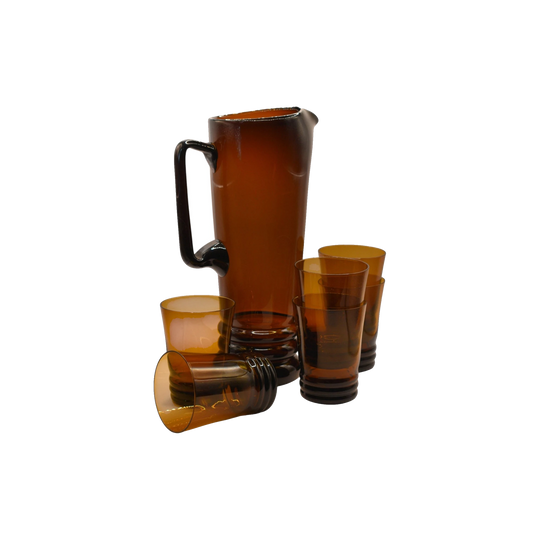 Vintage Mid-Century Polish Amber Glass Cocktail set - Pitcher & 6 Tumbers