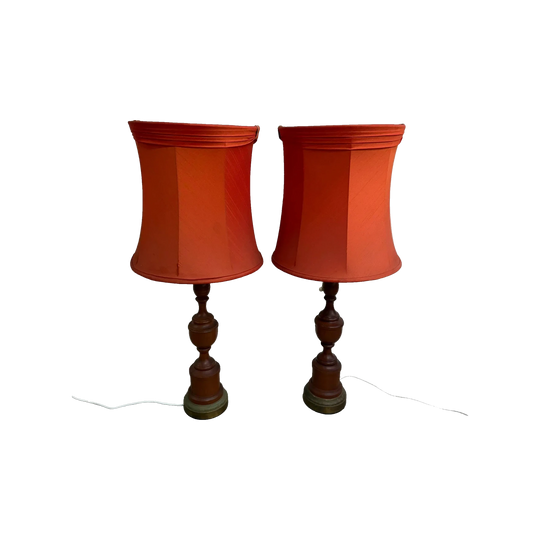 Pair of 1960's Mid Century Turned Teak Table Lamps Original Shades*