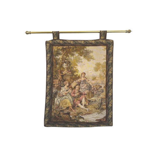 Vintage Tapestry on Brass Rod Depicting a River Fishing Scene