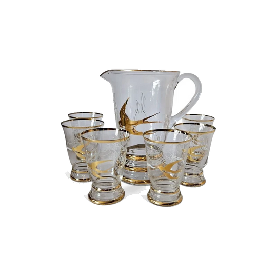Mid Century Lemonade Glasses (6) and Jug Set - Golden Swallows