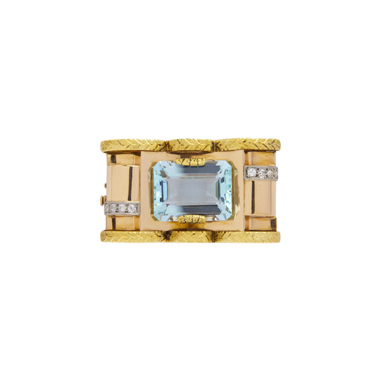 Retro Period Tri-Tone Gold & Aquamarine Brooch Pendant