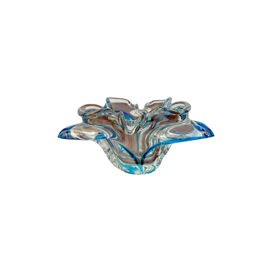 Iwatsu Hineri Art Glass Bowl | Aqua Blue Crystal Sculptural Centerpiece (17cm)