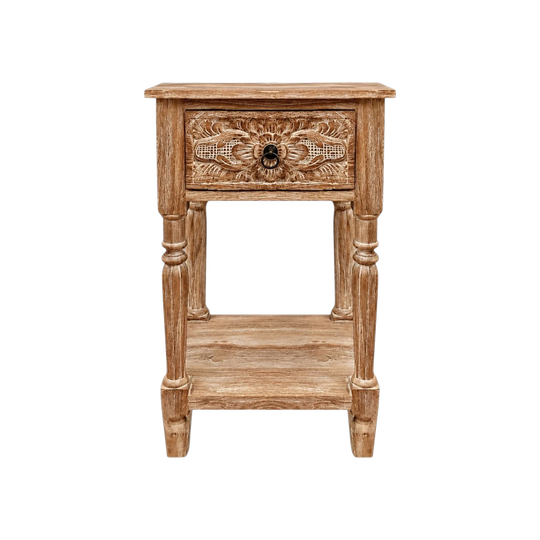 INDAH Hand Carved Teak Bedside Table - Jati Wash