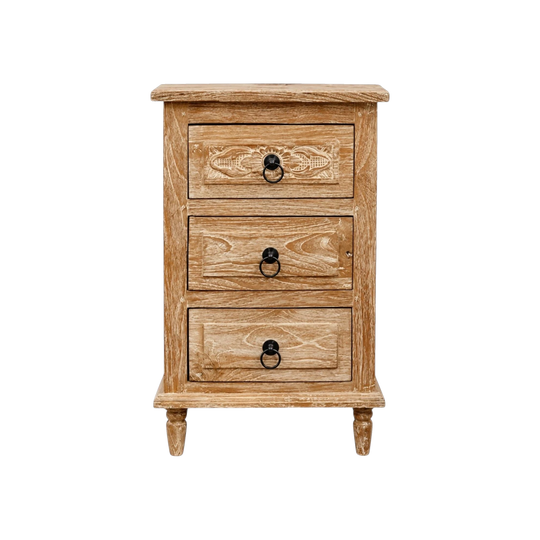 INDAH Hand Carved Teak Bedside Table 3 Drawer - Jati Wash