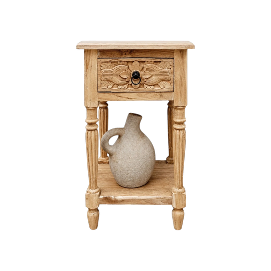 INDAH Hand Carved Teak Bedside Table - Raw