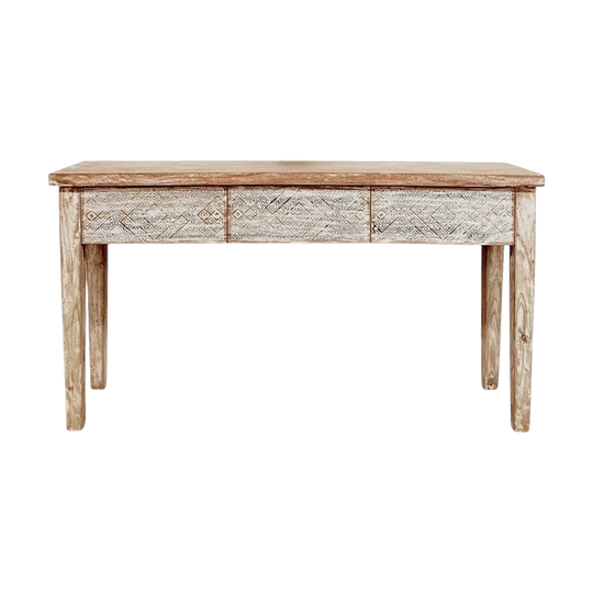 Balinese Hand Carved Teak Whitewash Console