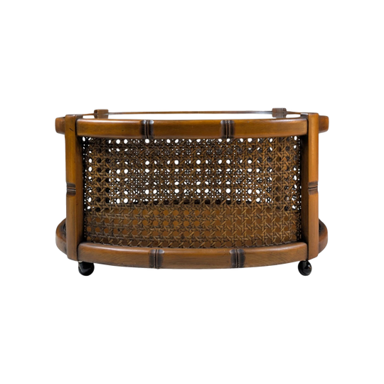 Mid Century Timber Rattan and Glass Oval Coffee Table
