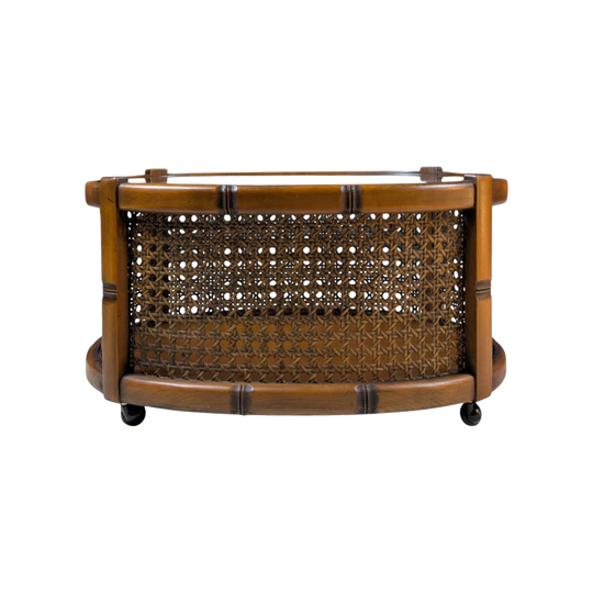 Mid Century Timber Rattan and Glass Oval Coffee Table