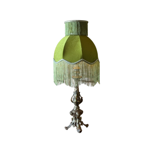 Vintage Cast Brass Table Lamp with Fringed Velvet Shade