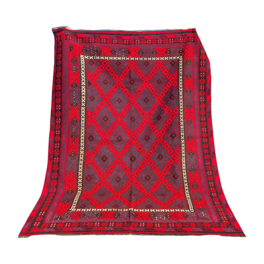 Vintage Afghan Maimana Kilim with Geometric Diamonds in Deep Purple Red and blue