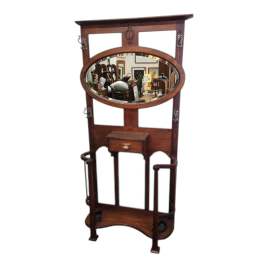 Art Nouveau Antique Pine Mirrored Hall Stand