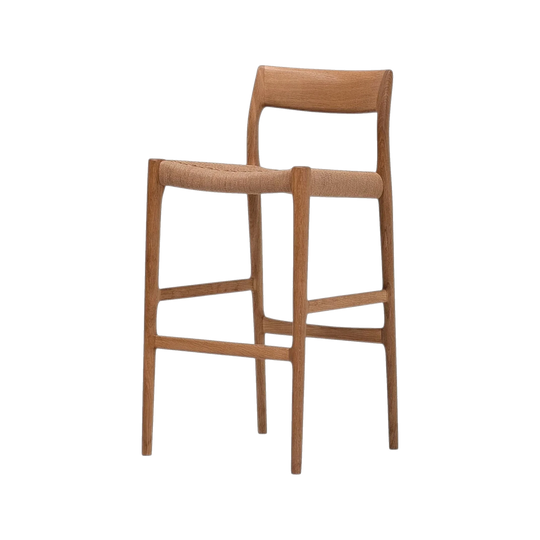 Kirsten Ann Møller for J.L. Møllers 'Model 77B' Bar Stool in Soap Finished Oak and Paper Cord