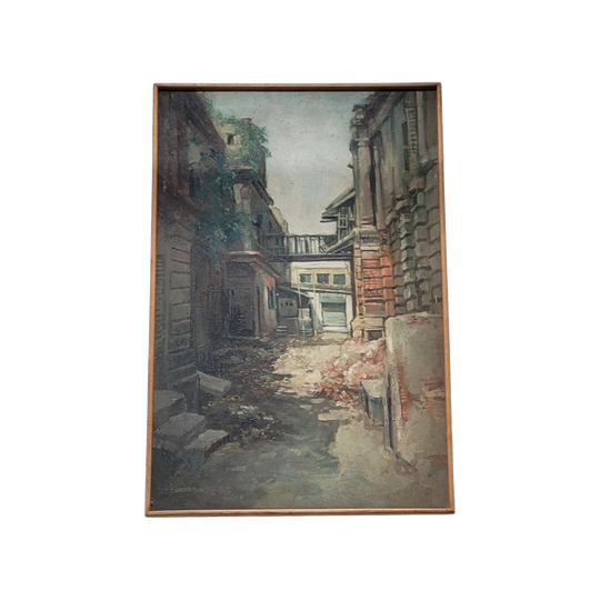 Signed 1960s European Street Scene Oil Painting