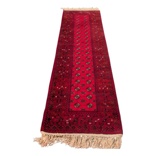 Vintage Afghan Bokhara Turkman Hallway Runner With Geometric Gul Motifs