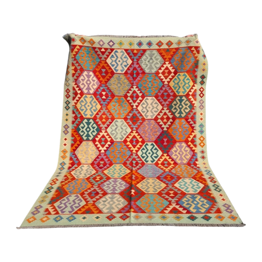 Afghan Maimana Kilim in Warm Greens, Blue and Orange