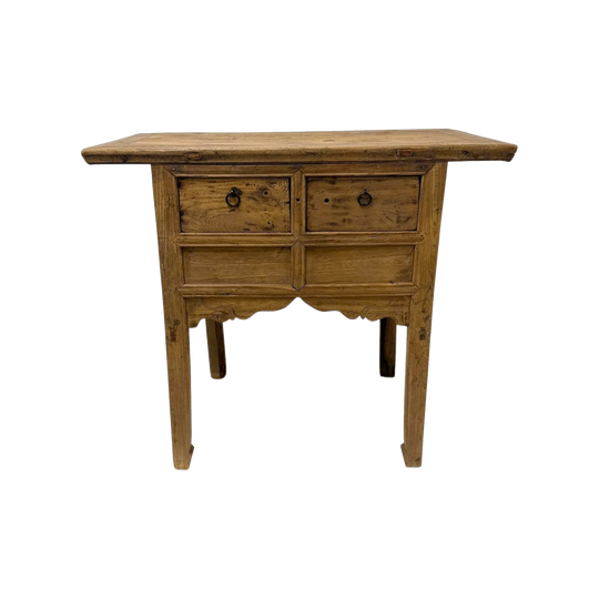 Antique Short Elm Console With Two Drawers With Carved Apron