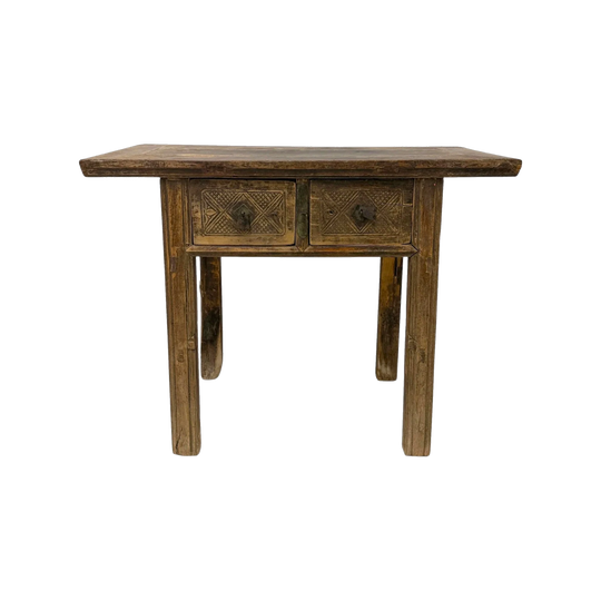 Antique Short Elm Console With Two Carved Drawers