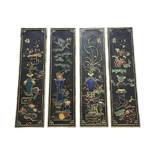 Chinese Black Painted Relief Panels, Set of Four