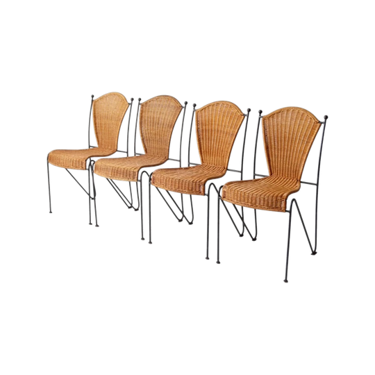 Set of 4 Vintage 1950s Wicker & Iron Dining Chairs – Attributed to Frederic Weinberg