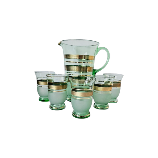 Vintage Green & Gold Glass Lemonade Set – Jug and 5 Glasses MCM