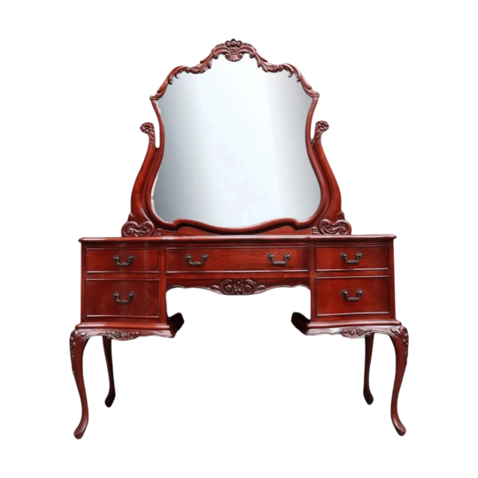Vintage Australian Cedar Dressing Table with Ornate Bevelled Edge Mirror