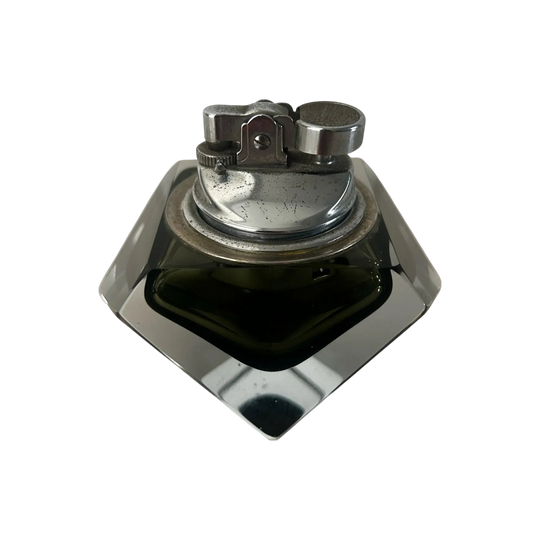 Vintage Smoky Grey Glass and Clear Crystal Table Lighter