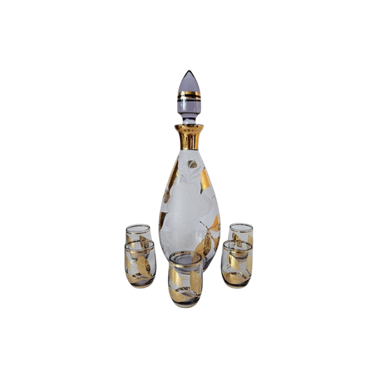 MCM Glass Carafe w/ 5 shot glasses,etched Floral Pattern in Cabana Style