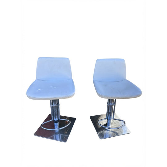 White Leather Bar Stools Pair - Chrome Swivel Base