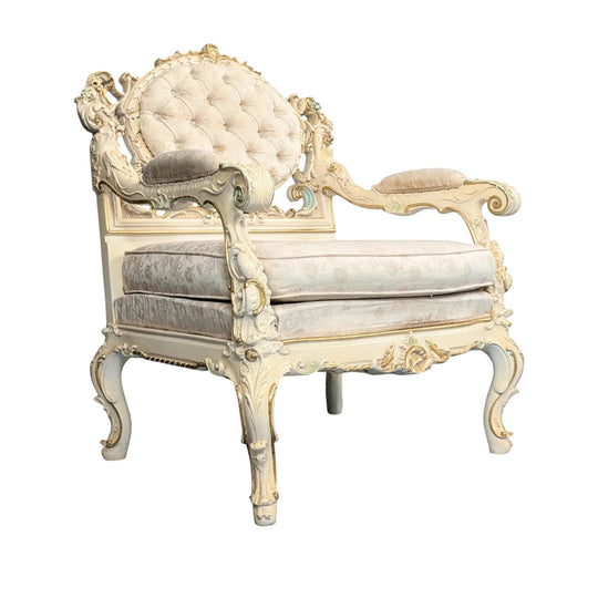 Hand-Carved Italian Armchair by Silik in Ivory Crackle Lacquer with Gilt Highlights
