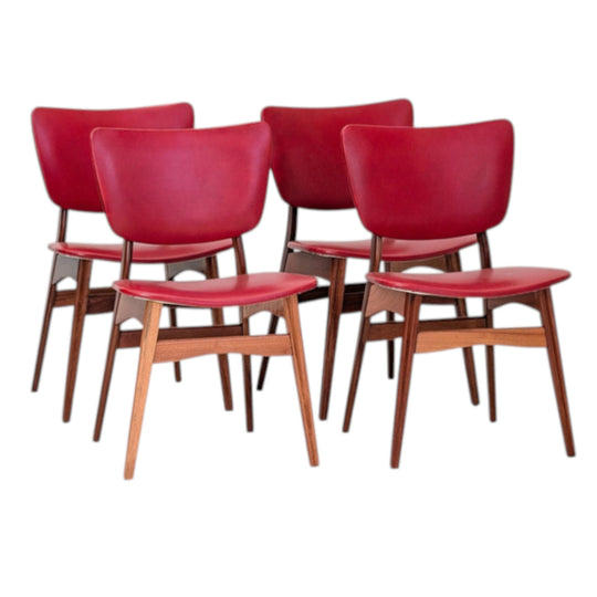 Set of Four Fler Dining Chairs in Original Red Vinyl by Fred Lowen & Ernest Rodeck | c1950s