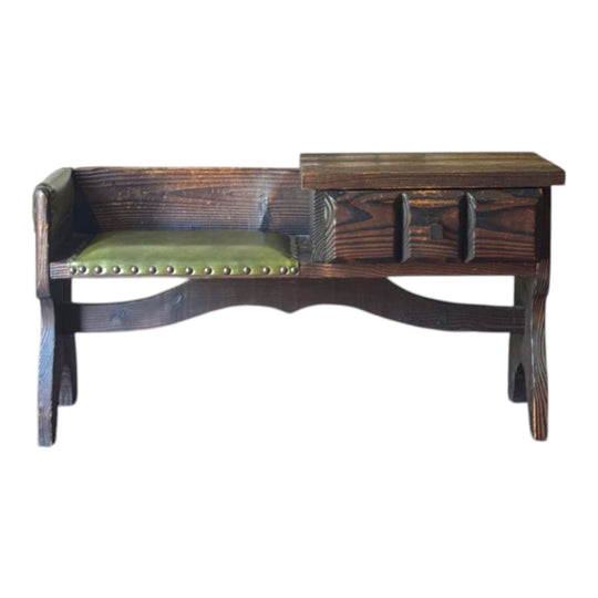 Vintage Danish Rustic Telephone Bench with Green Leather Seat